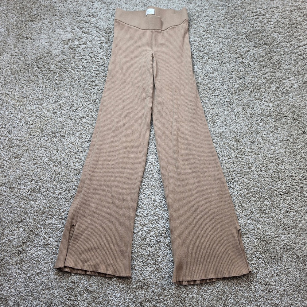 Wilfred Aritzia Ribbed Wide Leg Pants Womens 2XS Tan Slit Hem 120801 - Picture 1 of 13
